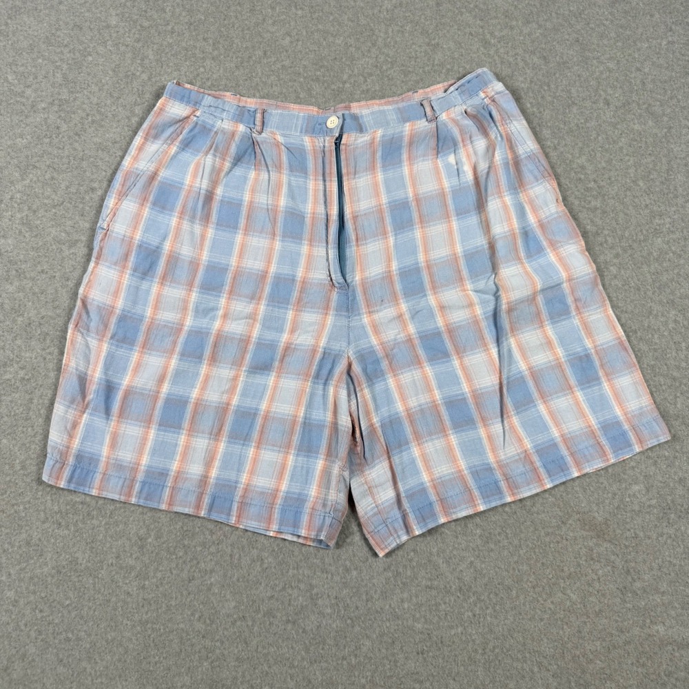 Pendleton Originals Womens Blue Peach Plaid Linen Blend Pleated Shorts Size 16
